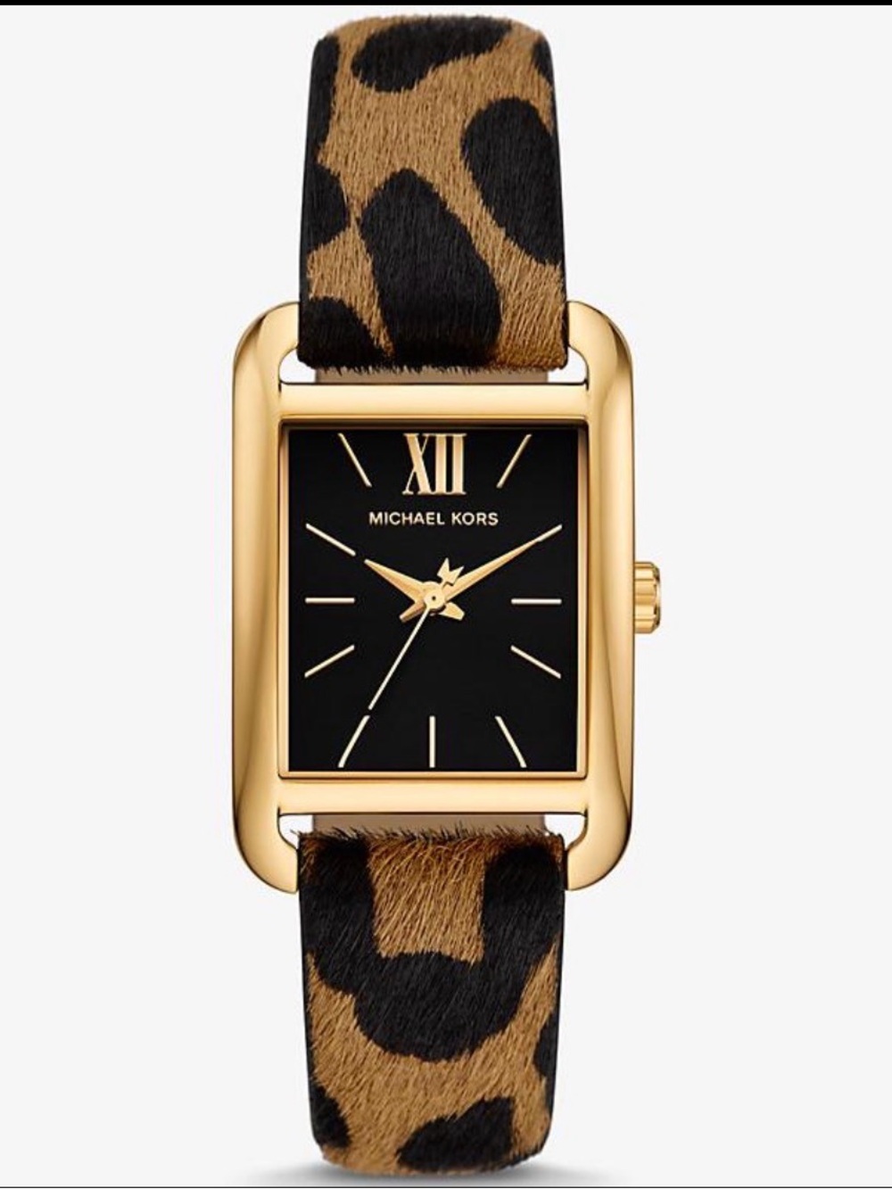 Michael Kors Gold-Tone Rectangular Watch with Black Dial and Leopard Strap